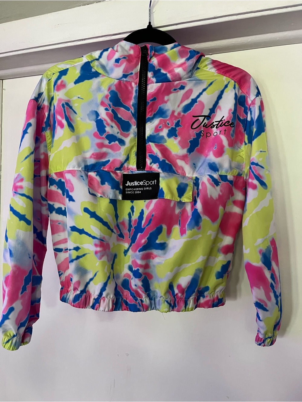 Justice Sport Girls' Tie-Dye Windbreaker- Pink, Blue, Yellow front zip pocket